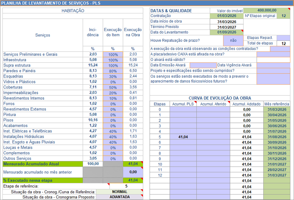 A PLS baixada, aberta no Excel: a medição nas células da Caixa e a situação que a planilha calcula.