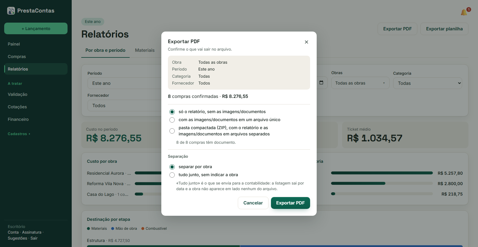A confirmação da exportação: o recorte em cima, as três formas no meio, a separação embaixo.