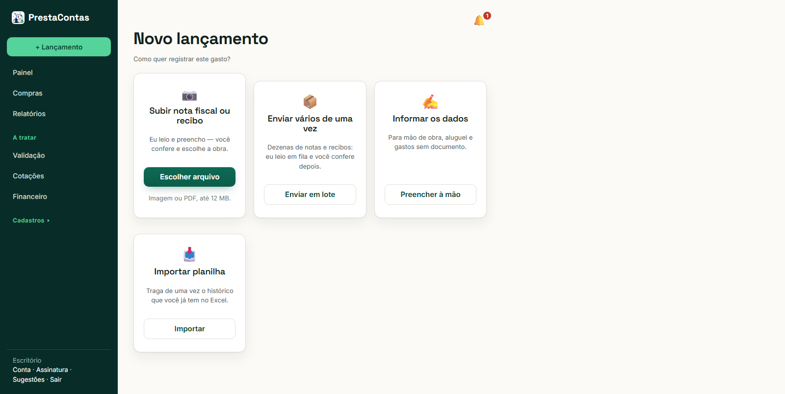 Quatro opções: subir um documento, enviar vários de uma vez, preencher você mesmo ou importar uma planilha.