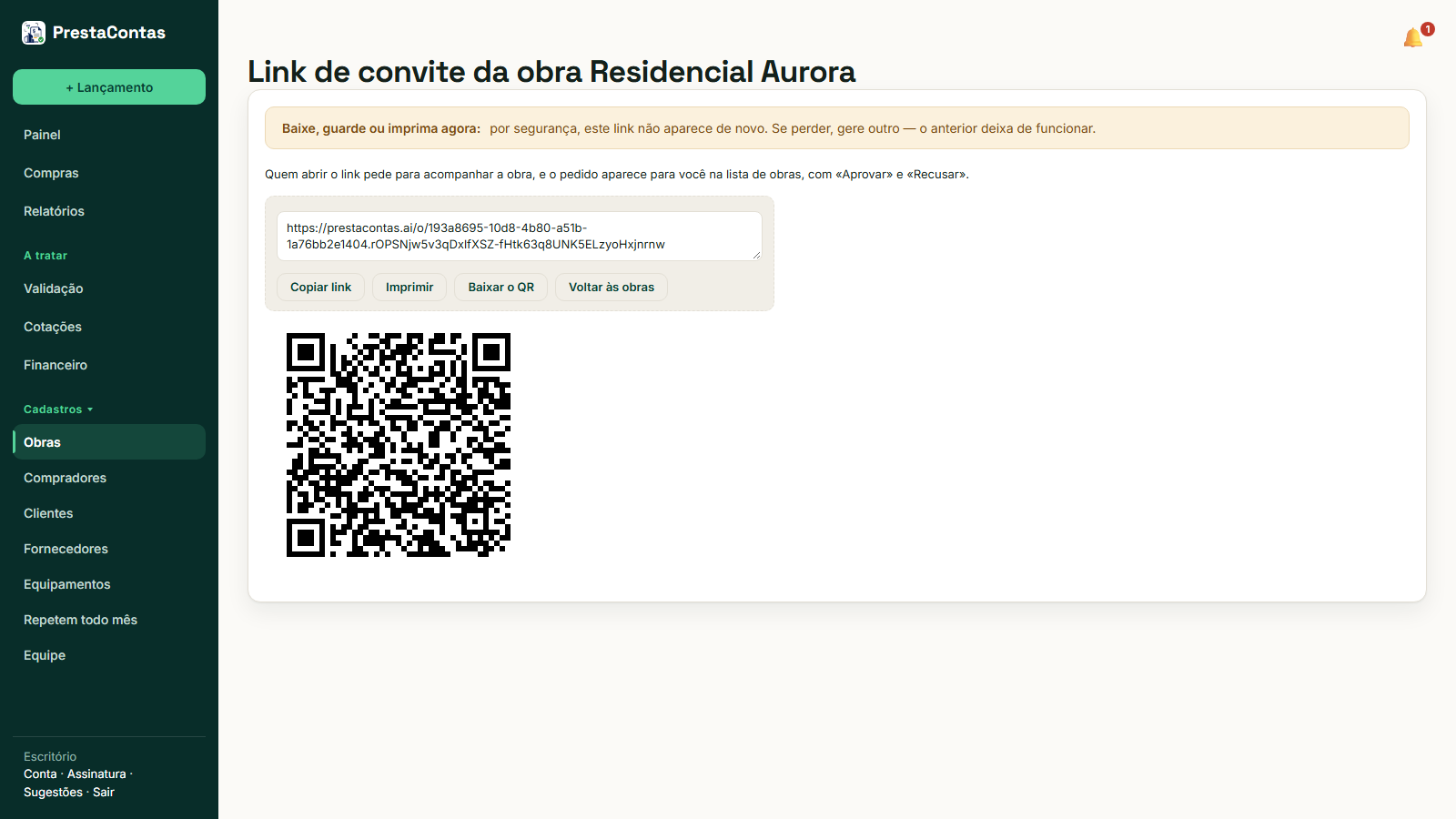 O link e o QR da obra: aparecem uma vez só — copie, imprima ou baixe na hora.