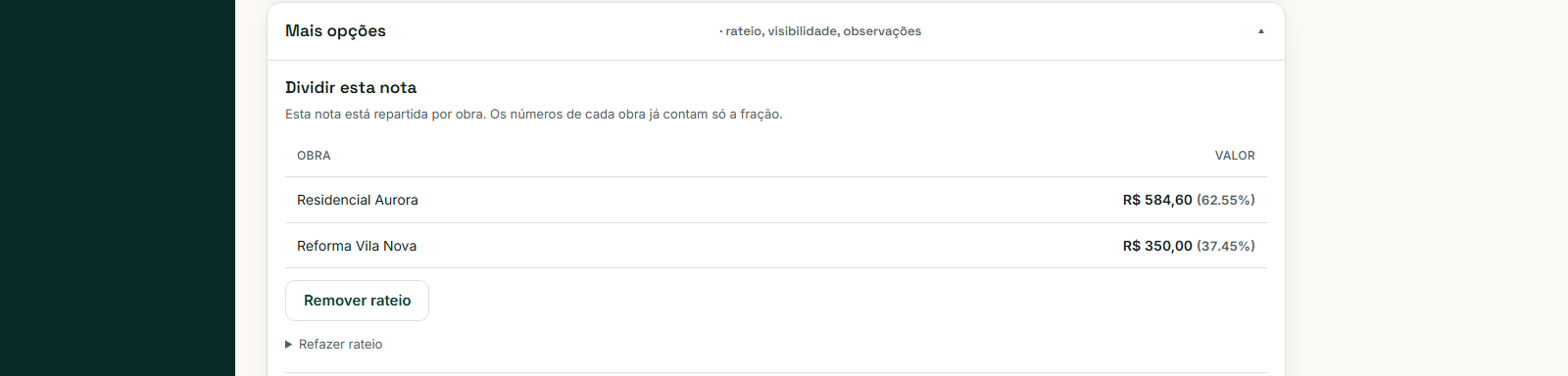 Dividir esta nota: valor por obra, com a porcentagem entre parênteses.