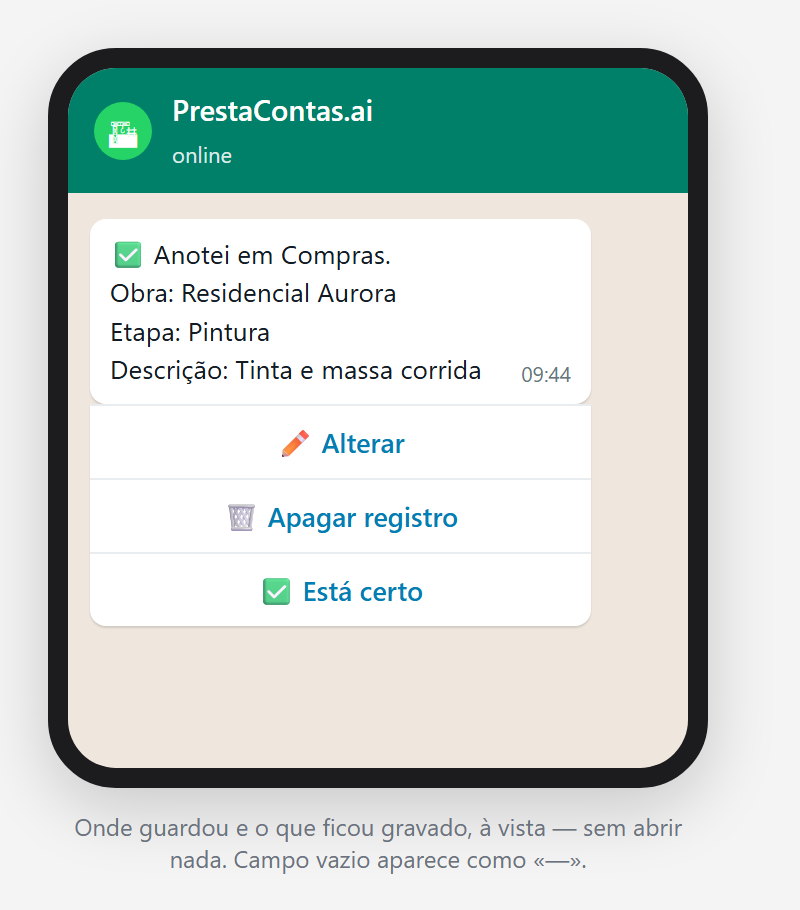 Onde guardou e o que ficou gravado, à vista. «Está certo» é sempre o último botão.