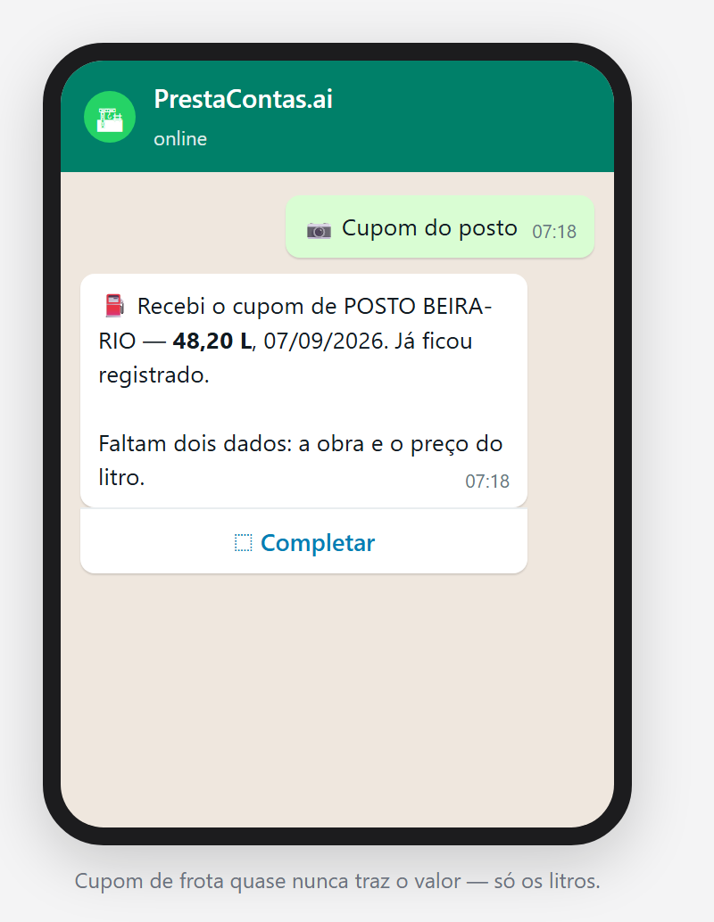A conversa: o cupom entrou com os litros e falta o preço.