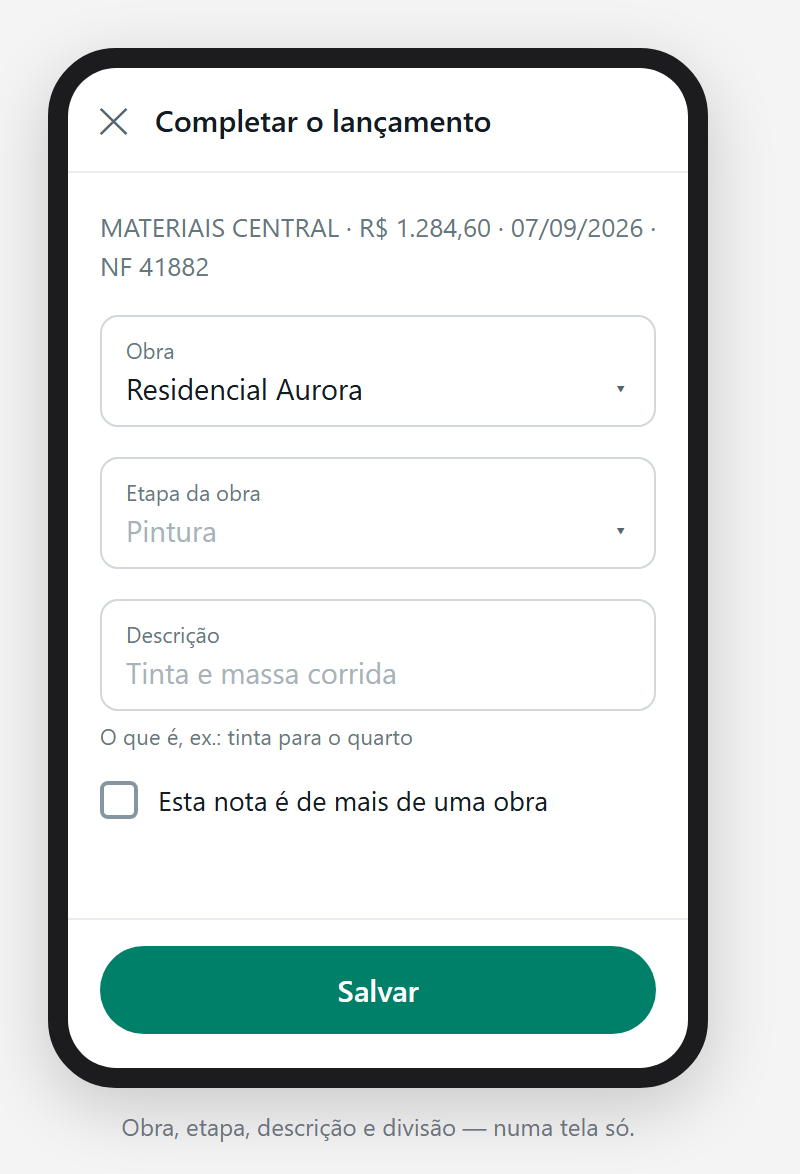 A tela que o botão abre: obra, etapa da obra, descrição e a caixa de dividir.
