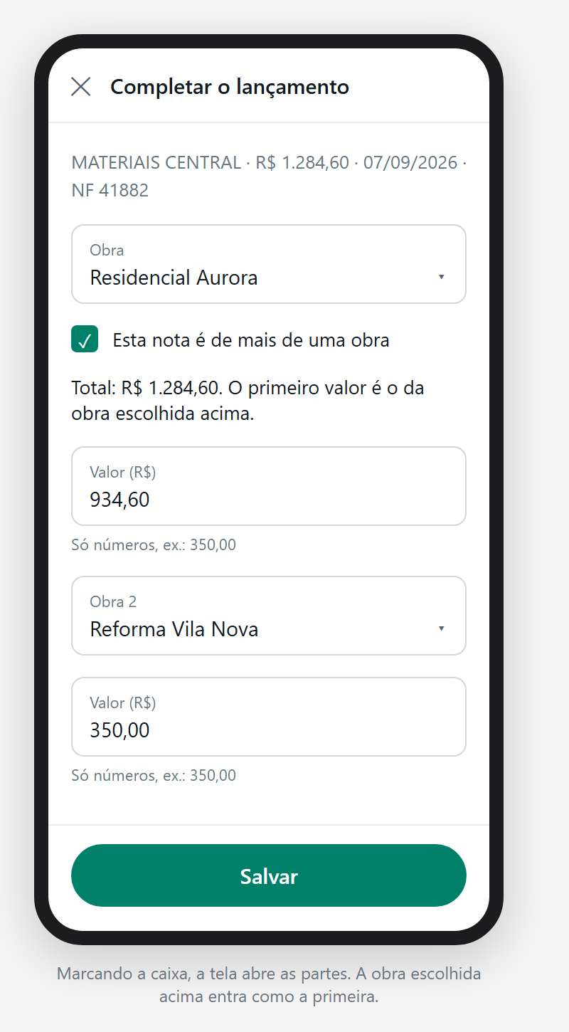 A tela com a caixa marcada: duas obras, um valor para cada e o total.