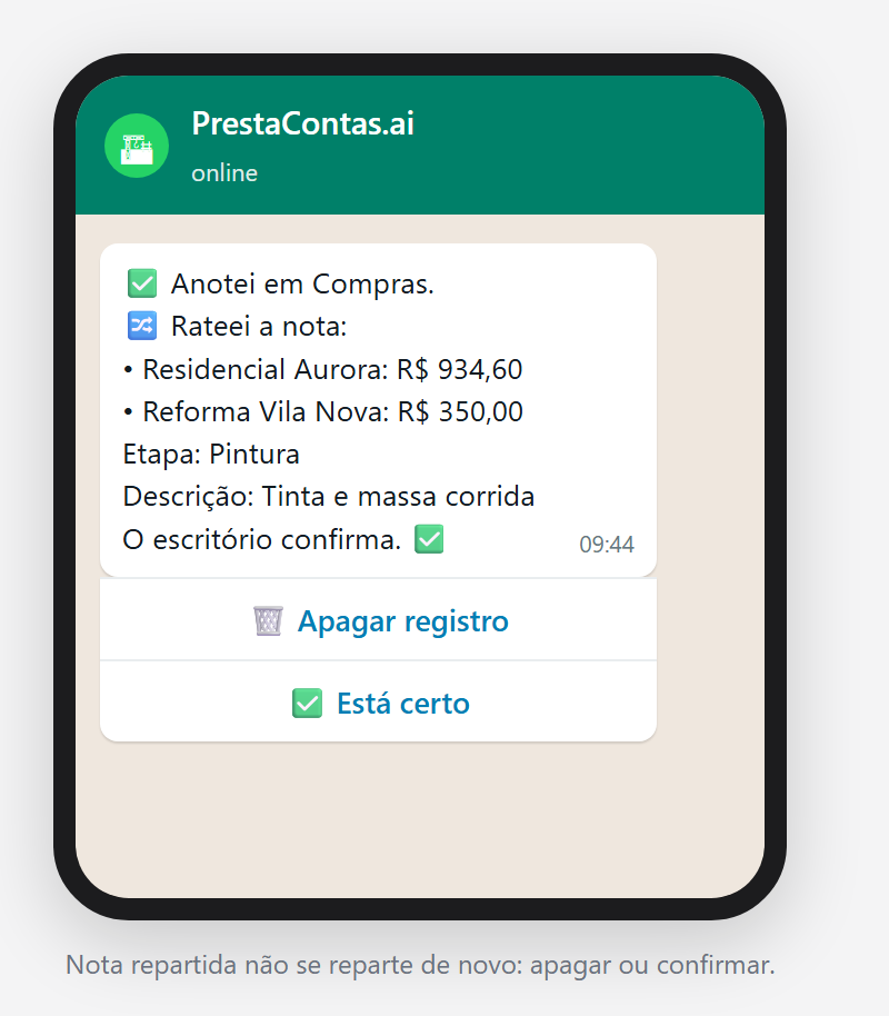 A confirmação da nota repartida: «Apagar registro» e «Está certo».